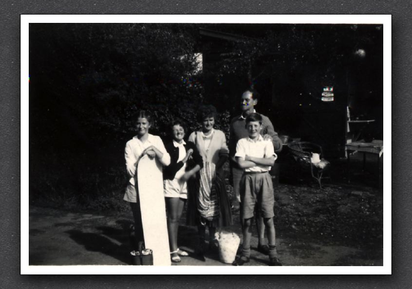 Family outside Speke's Valley Cottage 1957